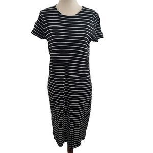 J. Jill Black + White Stripe Short Sleeve Stretchy Knit Midi Dress Side Pockets